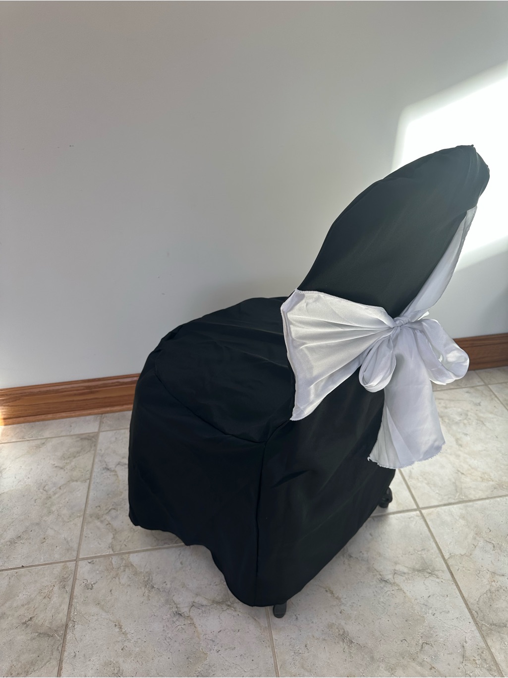 48 Black Chair Cover With White Sash Elegant Event Slipcover & Table Runners